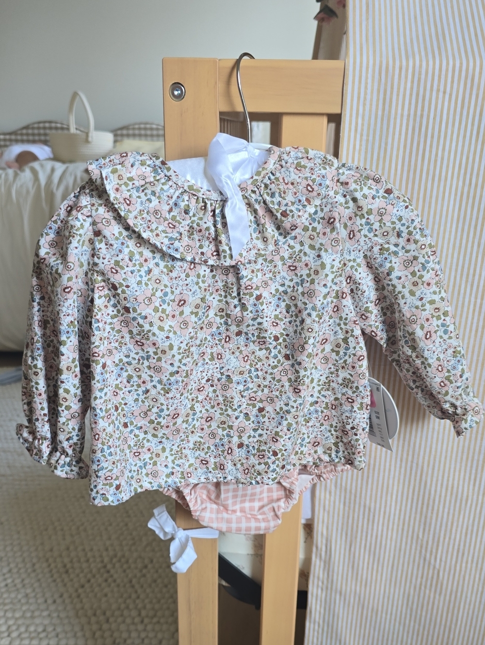 Cream Floral Baby Blouse with Pink & Olive Blossoms